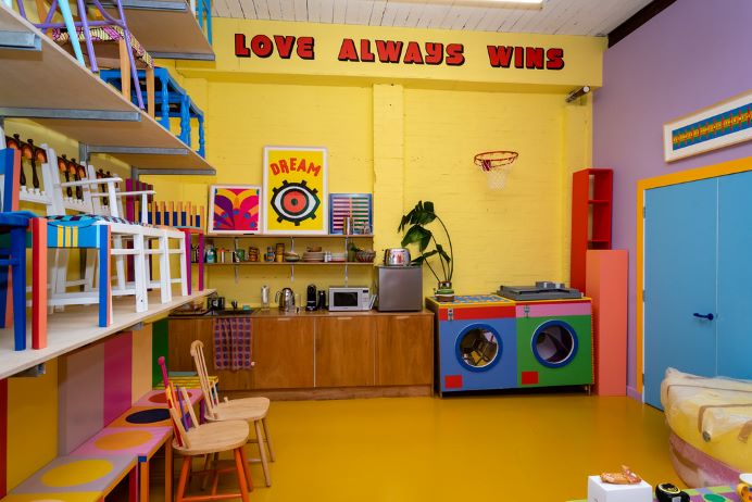 art creation of a play room in bold colours