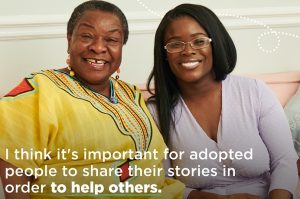 two black women sitting together smiling. It's important for adopted people to share their stories in order to help others