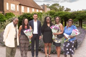 Cllr Varlene Alexander and Cllr Callum Anderson with Windrush Pioneers Cathy Simeon Collette Noel Blossom Jackson