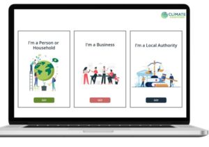 a digital image of how the online tool looks, An open laptop with 3 boxes, I'm a person or household, I'm a business and I'm a local authority, go