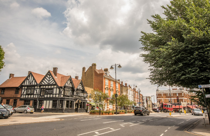 a view of Hanwell buildings and pub