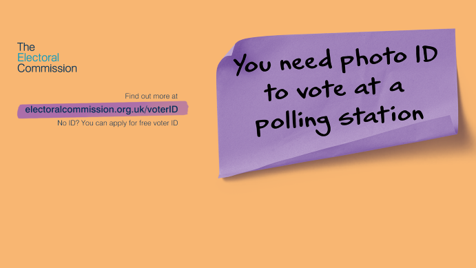 purple post it note on orange background. Written on post it note are the words you will need photo id to vote at a polling station