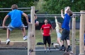 Children and parkour trainers at Lammas Parkour Park