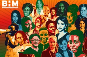 Collage of black women on an orange background