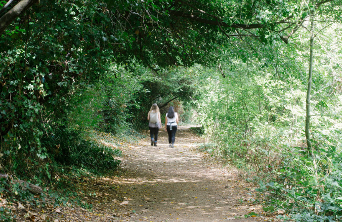 Two women walking among trees in Perivale Park, Ealing