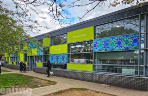 blue green mosaic on windows of Northolt Library