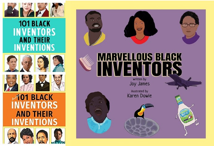 Multicoloured book covers with pictures of black women and men and text reading Black Inventors