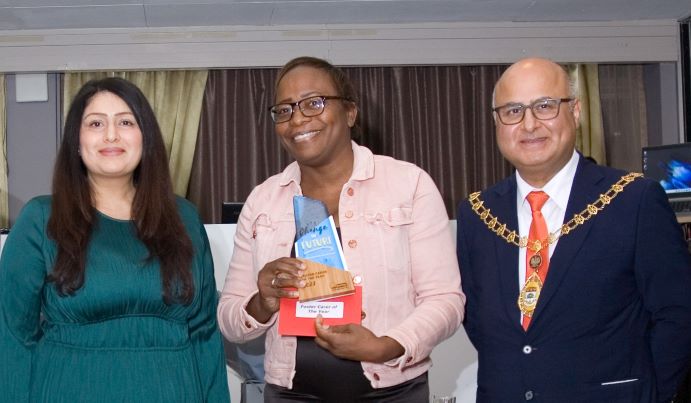 Councillor Kamaljit Nagpal, Ealing’s cabinet member for a fairer start, Tracey Carvey-White, foster carer and Mayor of Ealing, councillor Hitesh Tailor