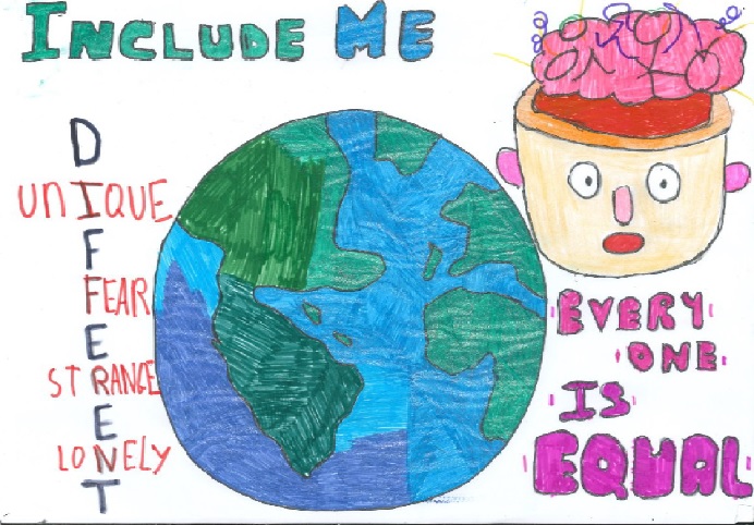 Child's artwork of the world and a head with a confused brain