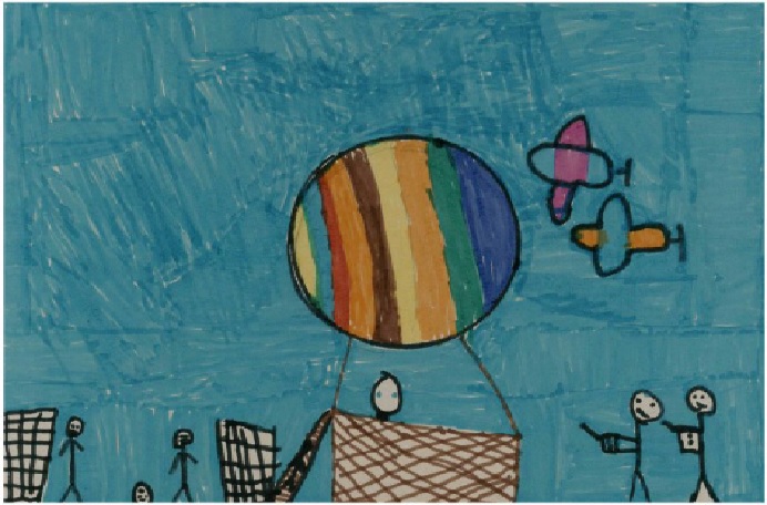 Rainbow balloon with blue sky and 2 rainbow birds - drawn by a child
