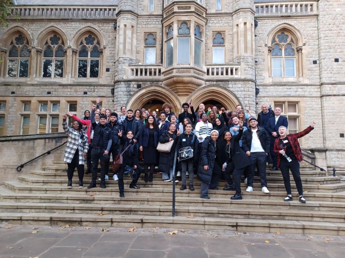 council care leavers on town hall steps with Cllr Nagpal