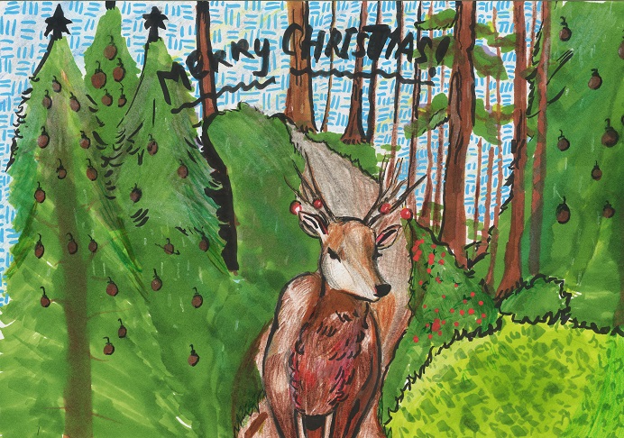 Child's drawing of a raindeer in front of a forest of Christmas trees with Merry Christmas