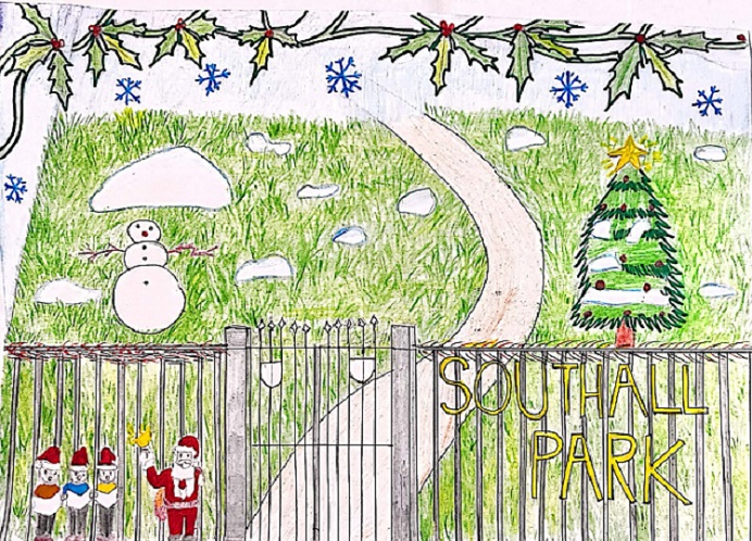 Child's drawing of Southall Park with grass, snowman, Christmas tree and Santa and 3 elves