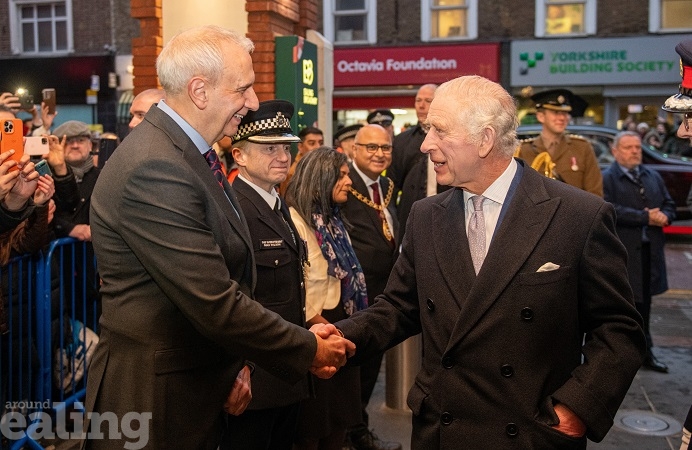 The King meeting local dignitaries including Rupa Huq MP and Mayor of Ealing Cllr Hitesh Tailor during his visit to Ealing Broadway shopping centre, 7th December 2023