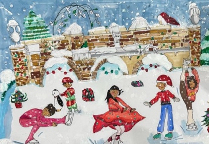 ~Child's drawing of bridge with snow under and 5 children ice skating