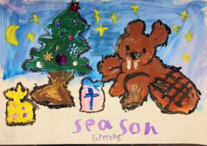 Child's painting of a beaver with a Christmas tree, presents and Season Greetings