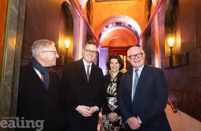 Sir Sherard Cowper-Coles, Cllr Peter Mason, Claire Gough, and James Howell at Pitzhanger Manor, ahead of the visit of His Majesty the King, 7 Dec 2023