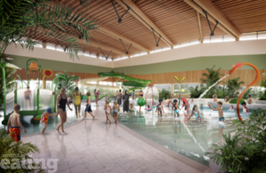 An artist's impression of how the new leisure centre will look like - adults and children around a swimming pool