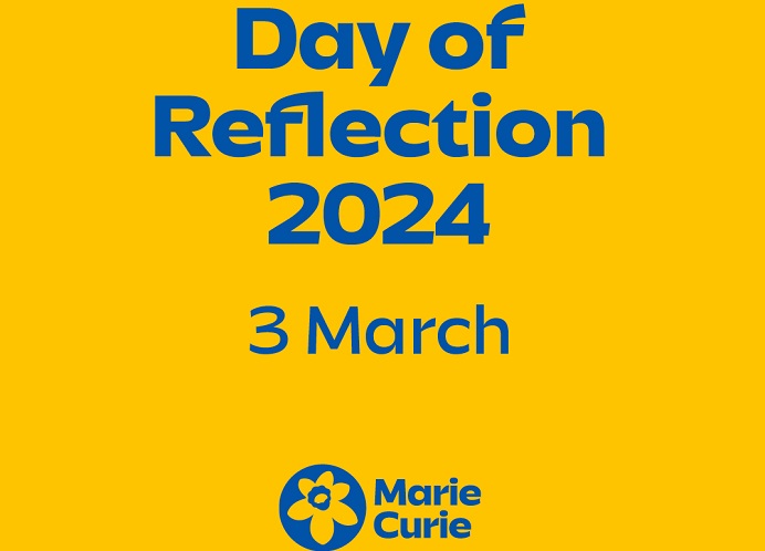 Yellow background with text reading: Day of Reflection 2024, 3 March and the Marie Curie logo of a yellow daffodil