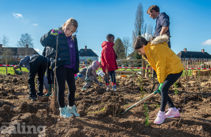 An adult and 5 children planting a tiny forest in Leicester. March 2021. Credit Leicester City Council