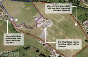 An image of the Warren Farm land from above with markings of where the new sports facilities could be, Warren Farm site to remain as rewilded parkland and old sports facilities which will be removed