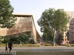 A CGI image of what the exterior of the new Gurnell Leisure Centre could look like including a large sand coloured building surrounded by greeenary
