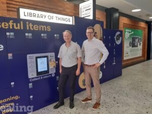 Councillor Peter Mason and Councillor Paul Driscoll standing next to blue lockers.