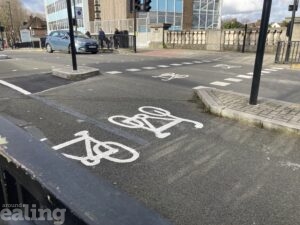 A picture of the cycle lane outside Boston Manor Station in Hanwell.