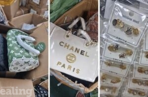 Fake goods seized from company: Green and white fake Louis Vuitton handbag, white and gold fake Chanel handbag, fake Louis Vuitton gold earrings