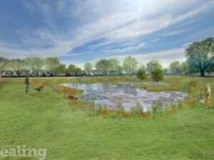 A computer generated image of a SuDs basin which looks like a pond in the middle of a grassed area in the park. It has a little water in it and wildflowers growing around the edge.