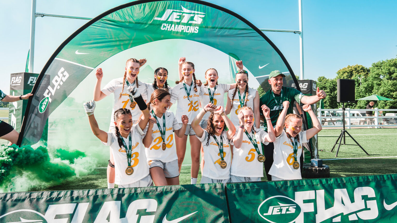 Ealing Fields under 15 NFL Flag girls team after winning the competition