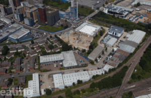 Aerial shot of buildings and houses at Old Oak