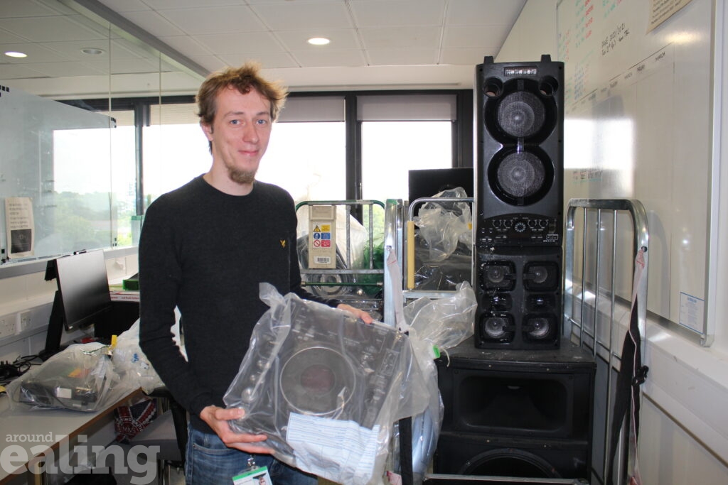 Mateusz Kruk with some confiscated music equipment
