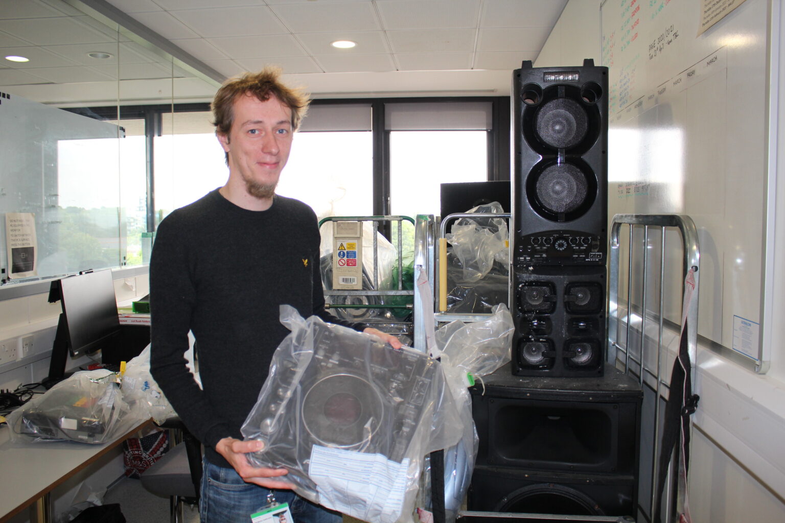 Mateusz Kruk with some confiscated music equipment
