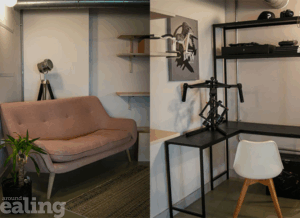 Content studio comprising of sofa, rug, plant, shelves, light, desk, chair, video equipment