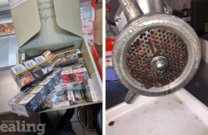 Photo on the left - several packets of illegal cigarettes. Photo on the right - dirty food equipment