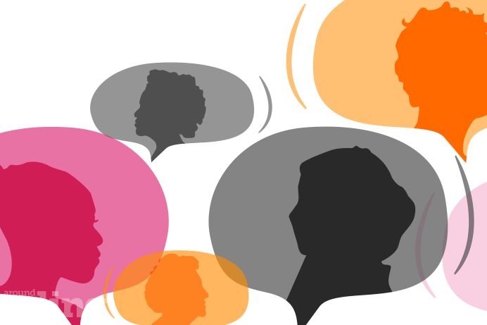 coloured speech bubbles with silhouettes of people's heads inside