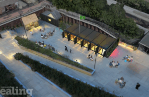 An image of North Acton square with 6 retail units and a hut, taken from above. People sitting on tables with chairs