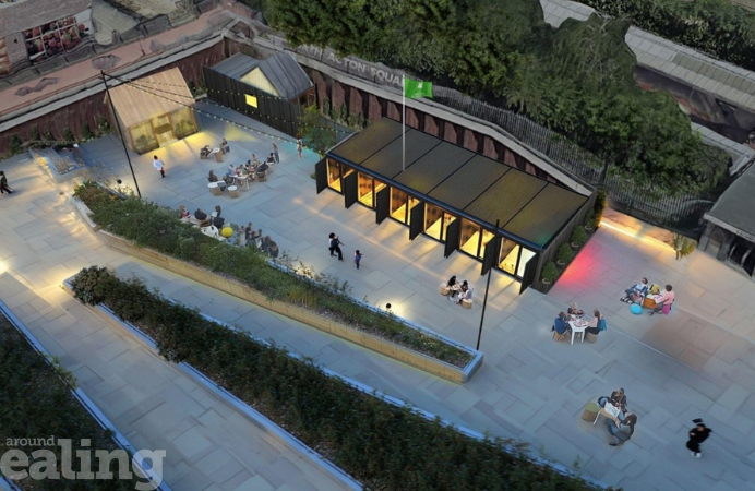 An image showing how North Acton Square is intended to look like with 6 retail units and a hut, taken from above. People sitting on tables with chairs