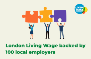Illustration of 3 people holding up puzzle pieces and Living Wage Foundation logo