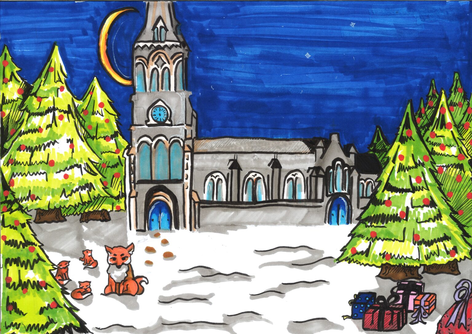 Child's drawing of a snowy scene with a church and fox, and presents under a tree