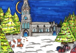 Child's drawing of a snowy scene with a church and fox, and presents under a tree