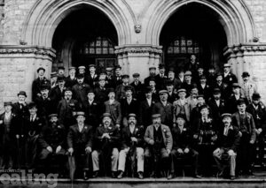 Line up of council staff on the steps of Ealing Town Hall, from the late 1860s, including former soldier Benjamin Soley
