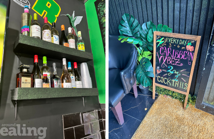 Alcohol bottles on a shelf on the wall and a board advertising cocktails at Caribbean Vybez