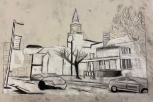 charcoal drawing of a street scene in Ealing