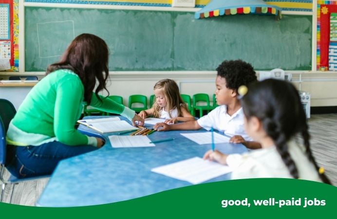 An early years teacher sits at a blue table in a classroom, helping a group of young children with their workbooks and pencils. The classroom has a large green chalkboard, colourful wall decorations, and a play area canopy in the background.