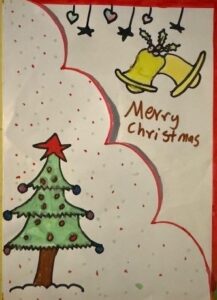 child's Christmas card design with tree and bells