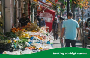 Shopping in Southall: a fruit stall and shoppers walking by