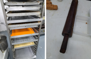 A collage of 2 photos left: food debris and dirt on trolleys of prepared foods and right: build-up of food debris and dirt on a rolling pin and food preparation surfaces