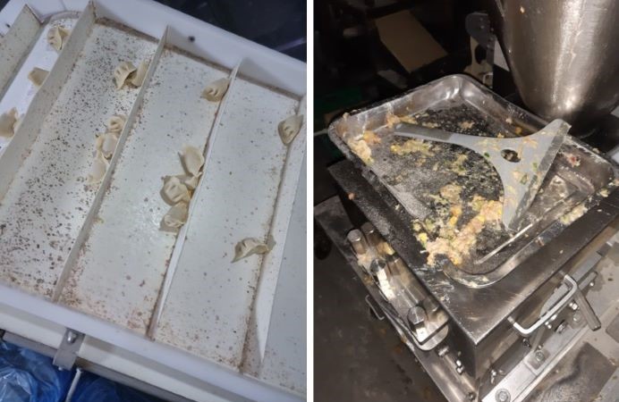 A collage of 2 pictures - image on the left: dirt in a tray with dumplings and right: dirty food equipment